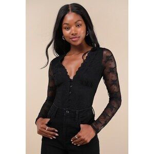 Lulus Decadently Sweet Black Lace Sheer Back Long Sleeve Top - Size M